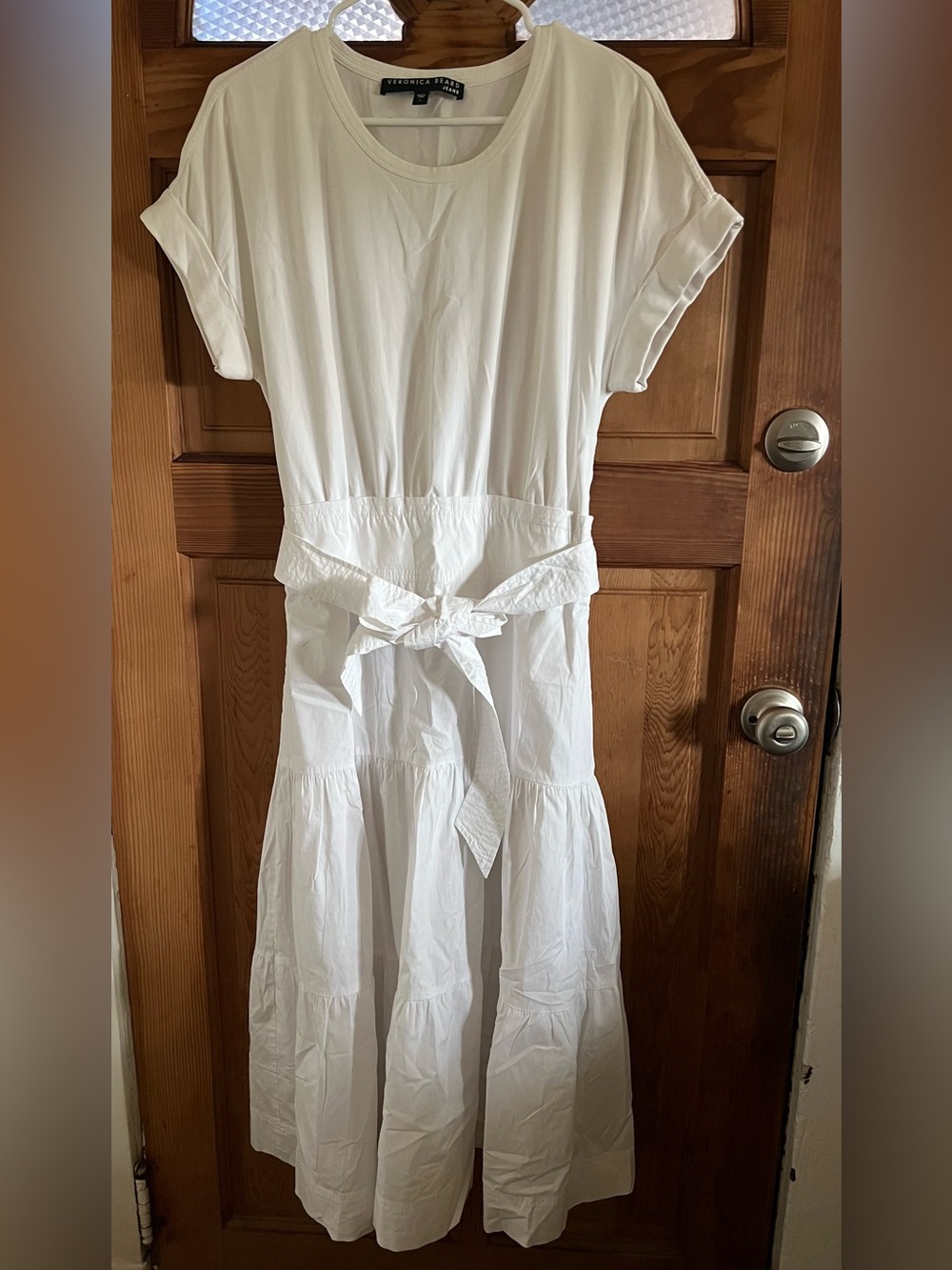 Veronica Beard White Tiered Midi Dress with Waist Tie